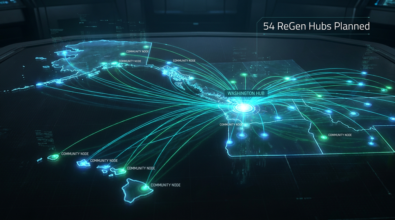 Pacific region impact map showing ReGen Hub network connecting Colville WA, Yakutat Alaska, and Hawaii